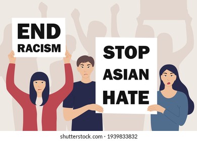 Asian man and woman holding protest poster Stop Asian Hate, end racism. Race equality concept. People against racism, violence, discrimination. Fight for rights. Vector illustration in flat style.