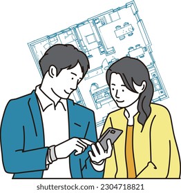 Asian man and woman looking at real estate property on smartphone