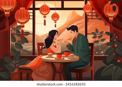 asian man woman lovers sitting at table in chinese restaurant happy valentines day celebration concept horizontal