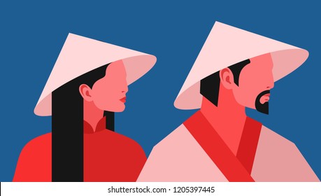 Asian man and woman in traditional national conical straw hats. Two portraits in profile. Vector illustration