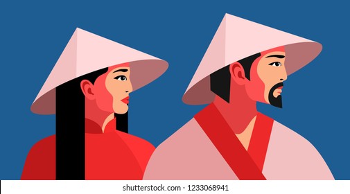 Asian man and woman in traditional national conical straw hats. Two portraits in profile. Vector illustration