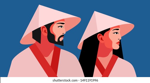 Asian man and woman in traditional national clothes and conical straw hats. Two portraits, side view. Vector illustration