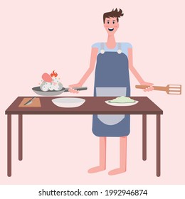 Asian man woman user character homemade kitchen cooking food lifestyle housewife to chef restaurant summer kitchen food cooking cartoon people in home concept