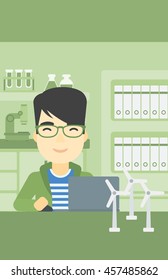 An asian man working in office with laptop and model wind turbine on the table. Man working with model wind turbines. Green energy concept. Vector flat design illustration. Vertical layout.