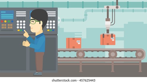 Un hombre asiático trabajando en el panel de control. Hombre presionando el botón en el panel de control de la planta. Ingeniero parado frente al panel de control. Ilustración de diseño plana vectorial. Diseño horizontal.