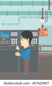 Un hombre asiático trabajando en el panel de control. Hombre presionando el botón en el panel de control de la planta. Ingeniero parado frente al panel de control. Ilustración de diseño plana vectorial. Diseño vertical.