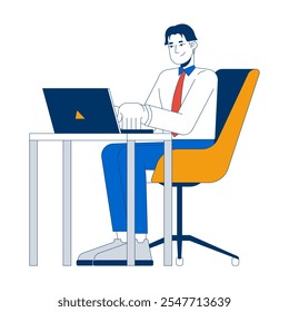 Homem asiático trabalhando em laptop 2D personagem de desenho animado. Carreira empresarial. Positivo masculino coreano sentado no escritório local de trabalho pessoa isolada vetor plano no fundo branco. Ilustração especial colorida