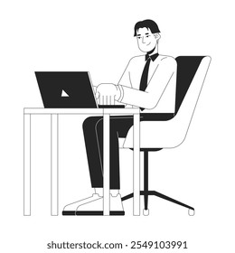 Asian man working on laptop black and white 2D line character. Business career. Positive korean male sitting at office workplace isolated vector outline person. Monochromatic spot illustration