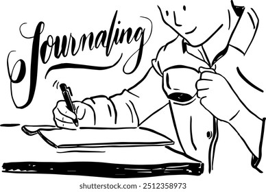 Asian man writing a journal book with pen and drinking coffee or tea with journaling writing text vector editable bw sketch