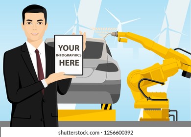 Asian manager with a digital tablet controls the welding robots on the car assembly line. White screen, you can add your infographic here.