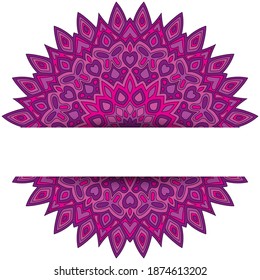 Asian mandala vector card template with text place. Birthday greeting card design. Circle floral mandala ornament with butterfly, heart, leaf, petal, flower shapes. Ethnic background.