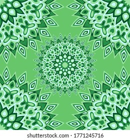 Asian mandala vector seamless pattern. Fabric print design. Circle floral mandala ornament with butterfly, heart, leaf, petal, flower shapes. Indian medallion motif seamless pattern.