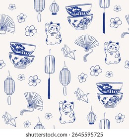 Asian Maneki Neko Hand drawn Vector seamless pattern. Talisman, amulet, lights, sakura, good luck symbol, fortune, success, prosperity concept. Japan style.