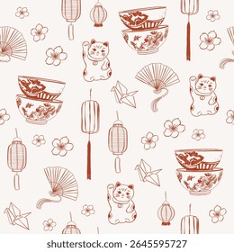 Asian Maneki Neko Hand drawn Vector seamless pattern. Talisman, amulet, lights, sakura, good luck symbol, fortune, success, prosperity concept. Japan style.