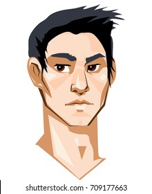 Asian man's face. Vector illustration. Cartoon style.