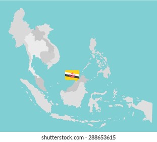 Asian map with brunei point flag flat design vector