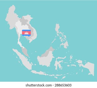 Asian map with cambodia point flag flat design vector