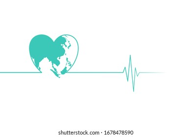 Asian map in heart pulse line.World health. vector Illustration.