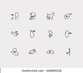 Asian map icons set. Afghanistan and asian map icons with thailand, macau, bhutan. Set of vacation for web app logo UI design.