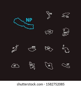 Asian map icons set. Bangladesh and asian map icons with macau, cocos islands, iran. Set of patriotic for web app logo UI design.