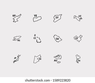 Asian map icons set. China and asian map icons with jordan, cocos islands, syria. Set of atlas for web app logo UI design.