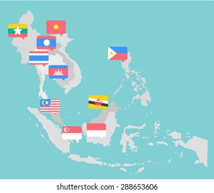 Asian map with point flags flat design vector
