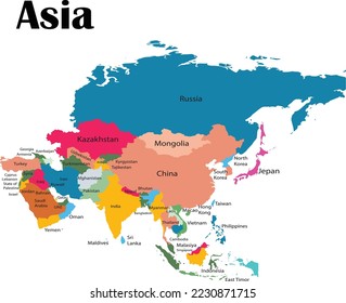 Asian map selectable country colorful vector illustration