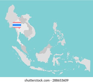 Asian map with Thailand point flag flat design vector