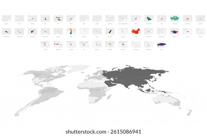 Asian Maps in Gray with National Flags. Gray World Map Featuring Asia.