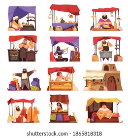 Asian market cartoon set of eastern people selling outdoor souvenirs jewelry accessory carpets handmade pottery isolated vector illustration 