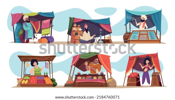 Asian\
market. Characters cartoon selling different delicious food carpets\
and souvenirs jewelry exact vector eastern\
persons