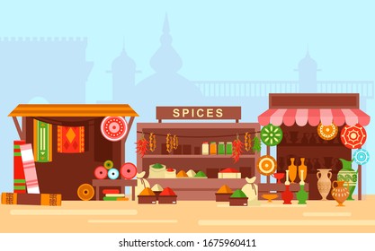 Asian Market Flat Cartoon Concept Vector Illustration. Arabic Bazaar On Old Eastern City Background