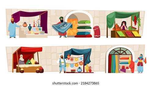 asian marketplace. arabian oriental bazaar different carpets silk clothes and delicious food. Vector turkish concept compositions with oriental sellers