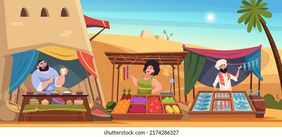 Asian Marketplace. East Seller With Beautiful Colored Handmade Carpets Treasures Delicious Food Sweets Exact Vector Cartoon Background