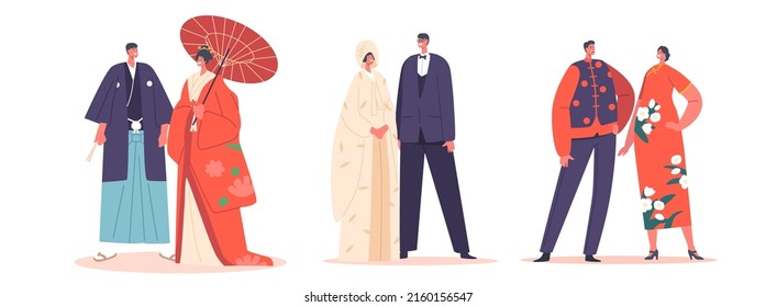 Asian Marriage Traditions and Culture, Traditional Japanese Wedding. Couples Wear Bridal Dress, Bride and Groom Characters in Kimono Prepare for Marriage Ceremony. Cartoon People Vector Illustration
