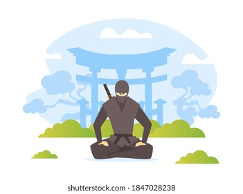 Asian Martial Arts Fighter, Ninja Samurai Warrior Character Vector Illustration