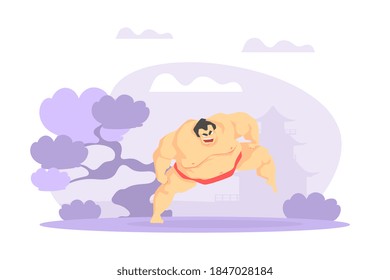 Asian Martial Arts Fighter, Sumo Wrestler Character Vector Illustration