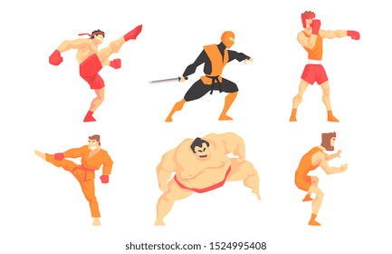 Asian Martial Arts Fighters Set, Male Professional Athletes Practicing Different Technique Kicks, Wushu, Boxing, Sambo, Sumo Vector Illustration