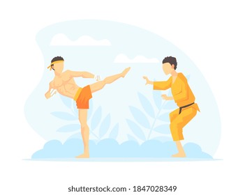 Asian Martial Arts Fighters, Two Male Athlete Characters Competing Vector Illustration