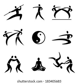 Iconos de artes marciales asiáticas: Simple Sport Pictograma de artes marciales asiáticas Iconos. Ilustración vectorial. 