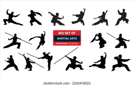 Asian martial arts, isolated vector black silhouettes, 3d illustration