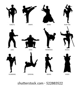 Asian martial arts, isolated vector black silhouettes. Karate and kung fu, sumo and boxing.