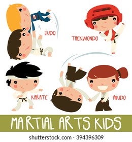 asian martial arts kids. children fighting. judo boys, taekwondo character, karate kid and aikido girl fighting boy.