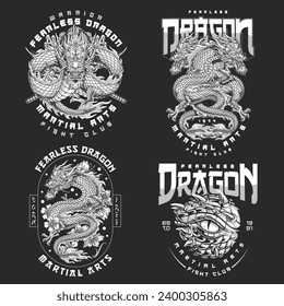 Asian martial arts set stickers monochrome dragon and katanas or monster eye for promoting mixed martial arts clubs vector illustration