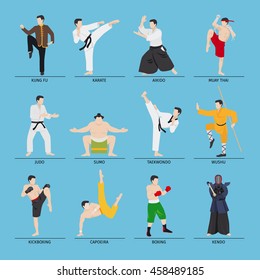 Asian Martial Arts Vector Illustration. Karate And Kung Fu, Sumo And Boxing