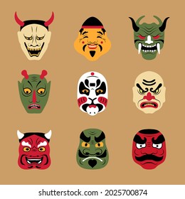 Asian mask. Authentic japanese theatre masks tattoo face wolf and fox cartoon girl art woman recent vector stylized flat illustrations