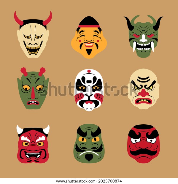 Asian mask. Authentic japanese theatre\
masks tattoo face wolf and fox cartoon girl art woman recent vector\
stylized flat\
illustrations