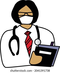 Asian masked doctor wearing glasses red striped tie statoscope holding notebooks on hand
