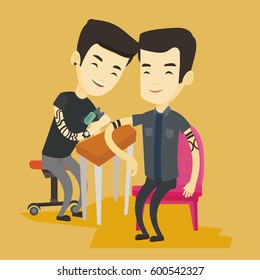 Asian Master Tattoo Artist Makes A Tattoo On The Hand Of Young Man. Tattooist Makes A Tattoo To A Male Client. Professional Tattoo Artist At Work. Vector Flat Design Illustration. Square Layout.