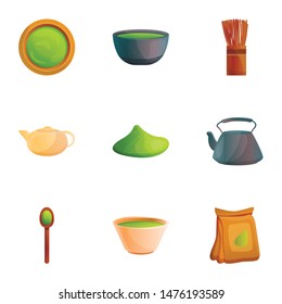 Asian matcha tea icon set. Cartoon set of 9 asian matcha tea vector icons for web design isolated on white background